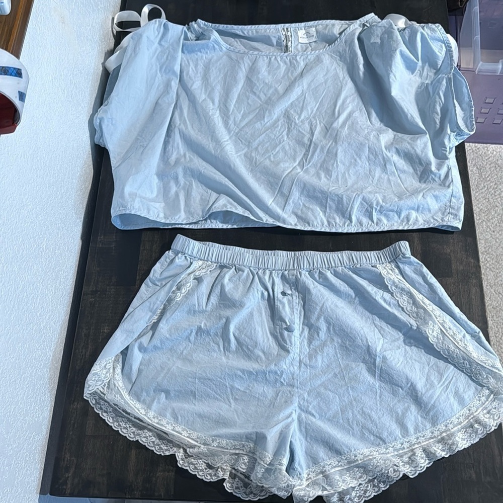 Morgan Lane Blue White Nessa Lace Trim Feminine Cottagecore PJ Set Size Large